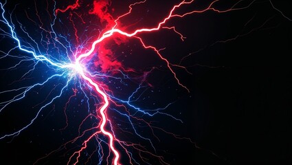 Abstract impact of vivid red and hyper blue glowing lightning sparks effects anime on plain black background