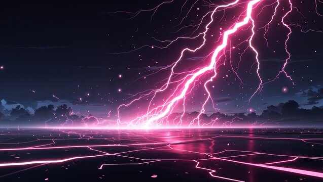 Abstract impact of void lightning black and hyperwave pink glowing lightning sparks effects anime on plain black background
