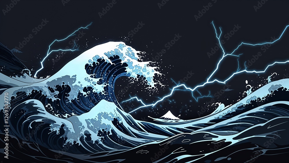 Sticker Abstract impact of wave stormy gray glowing lightning sparks effects anime on plain black background