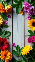 Obraz premium A composition of different types of flowers and foliage on a wooden surface, garden, colorful, nature