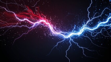 Abstract impact of wine red and sky blue glowing lightning sparks effects anime on plain black background
