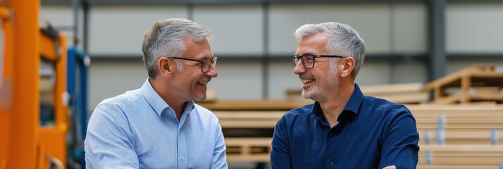Obraz premium Two men are smiling at the camera in a warehouse. They are wearing glasses and are wearing blue shirts