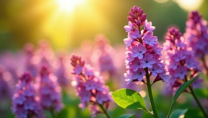 Naklejka premium A field of lilac flowers blooms in the warm sunlight, fresh air, wildflowers, natural scenery