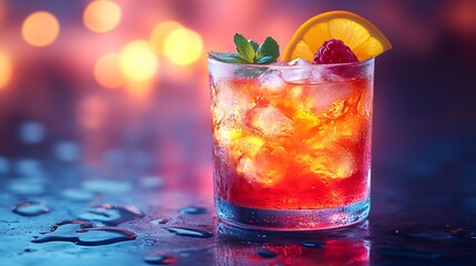 Dynamic close up of a vibrant cocktail surrounded by neon reflections