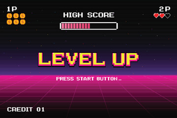 LEVEL UP. press start button. pixel art. 8 bit game. retro game. for game assets in vector illustrations.