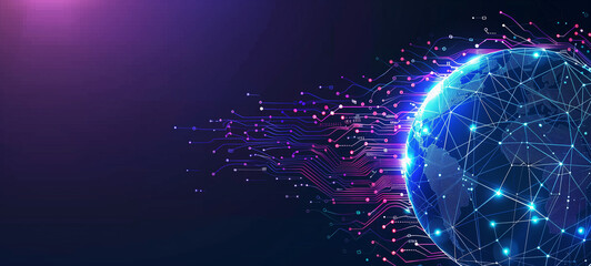 Abstract digital background with a blue and purple color scheme, featuring glowing lines forming global network connections on the right side of an abstract planet