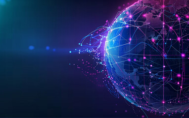 Abstract digital background with a blue and purple color scheme, featuring glowing lines forming global network connections on the right side of an abstract planet