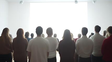 Gathering Of People Facing A Bright Screen In A Gallery Presentation At An Event Audience Viewing