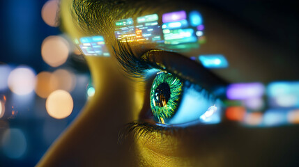 A close-up view of an eye filled with vivid digital displays reflecting deep curiosity and wonder
