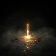 Rocket liftoff event from launch pad scorched surface digital environment dramatic viewpoint space exploration concept
