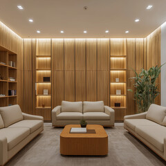 Office lounge with floor-to-ceiling bamboo panels, modern beige sofas, a sleek bamboo table, and recessed lighting for a calming, professional ambiance.