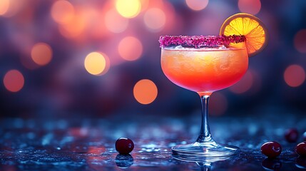 Close up of a bright neon cocktail with a sophisticated nightlife theme