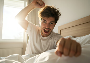 A young man waking up in bed bathed in the morning sun stretching his arms and making a banzai pose while looking at the camera