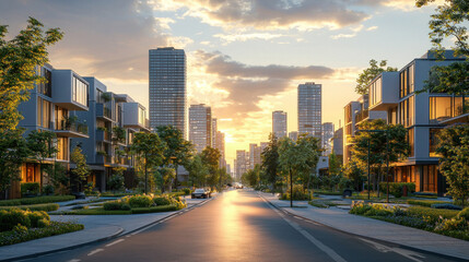 Fototapeta premium Modern urban street with trees, buildings, sunset and clear sky in vibrant city scene