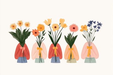 Colorful flower vases with cheerful blooms in pastel colors, perfect for spring decoration, home ambiance, and floral design inspiration