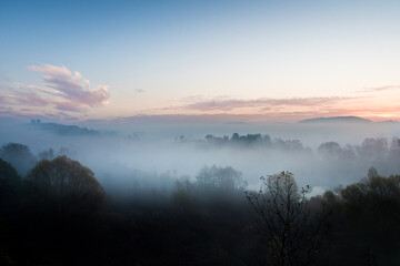 Benedictine abbey in Tyniec, foggy autumn sunrise. A monastery is located close to Kraków, Poland.