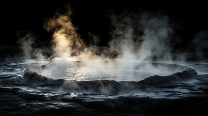 Fototapeta premium Hot spring surrounded by steam rising into dark background showcases natural relaxation and tranquility