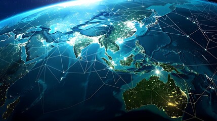 Global Network Connection Over Asia Australia Continents City Lights Technology Transmission