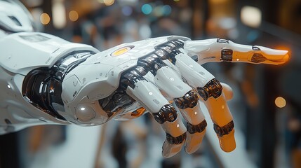 AI robot hand pointing with its finger, featuring black and white metal parts with orange plastic highlights, set against a blurred business background.