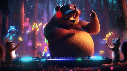 A groovy DJ bear wearing headphones mixes beats at a neon-lit forest party with glowing animals and magical lights. Perfect for EDM, nightlife, festivals, and animated music visuals