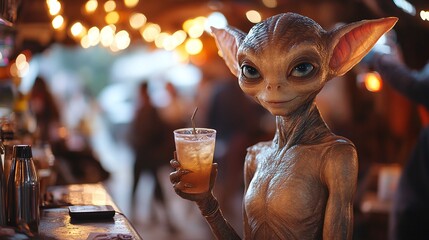 Friendly alien drinking a drink at a bar in a nightclub