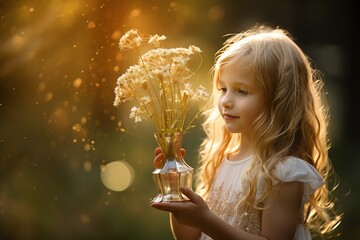 Golden Hour Girl: A charming little girl with long blonde hair gazes intently at a vase of dried flowers, bathed in the warm, magical light of the golden hour.