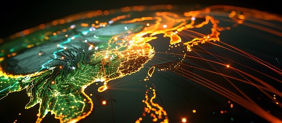 Glowing Network Map of Asia and Connections Radiating Across Continents Data Visualization