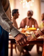 elderly couple holding hands at dinner