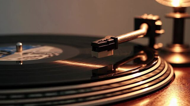 vinyl record on a turntable illuminated by lamp light