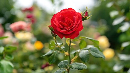 Fototapeta premium Red rose blooming in garden, blurred background, nature beauty, romantic card