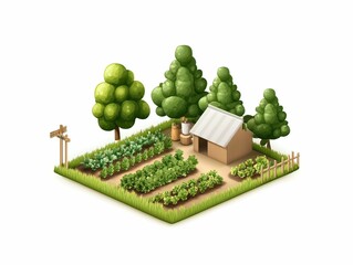 A quaint garden with a small wooden shed, surrounded by lush trees and organized vegetable beds, showcasing a peaceful farming environment.