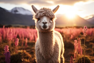Fototapeta premium Alpaca Sunset: A curious alpaca gazes directly at the camera in a field of vibrant pink wildflowers, bathed in the golden light of the setting sun with snow-capped mountains in the background. 
