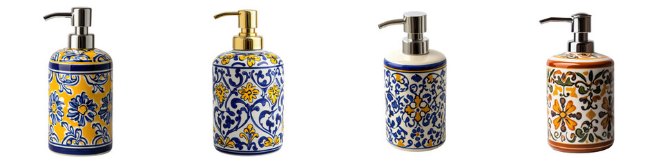 Elegant Ceramic Bathroom Accessories with Ornate Floral Patterns in Vibrant Blue Yellow and Brown Colors  Ideal for Home Decor Interior Design and Personal Care Products