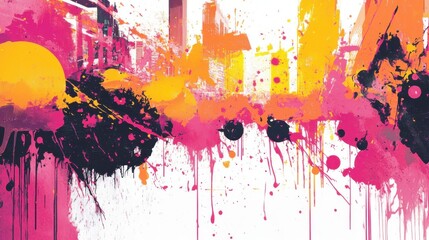 Dynamic Street Festival with Vibrant Paint Splatter Art in Urban Setting, Colorful Canvas Background