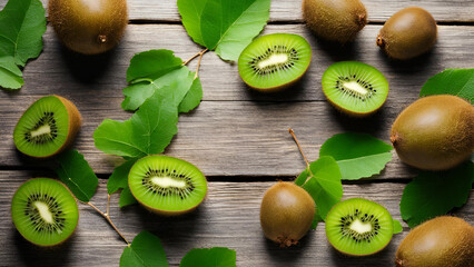 Fresh kiwi accompanied by green leaves is displayed on the table in a rustic manner. This aerial perspective focuses on the fruits and leaves room for text