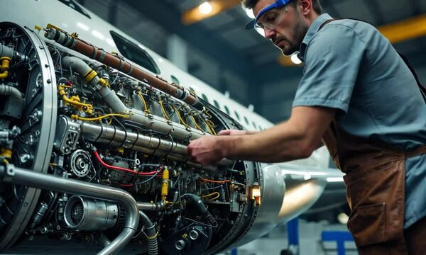 Skilled aircraft mechanic in uniform inspecting and repairing a jet engine in an aviation maintenance facility.