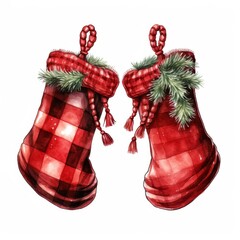 Two festive red and black checkered Christmas stockings adorned with greenery, perfect for holiday decor.