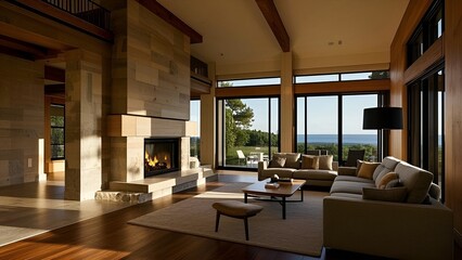 Serene Retreat – A beautifully designed space with a cozy fireplace, wooden and stone elements, and floor-to-ceiling windows overlooking the ocean.