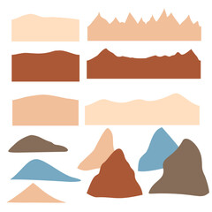 Set of landscape graphic shapes for using in invitation cards, ornaments, wedding invitations, etc. Handmade drawing with bohemian style. Vector illustration.