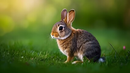 Meadow Whisperer – A curious rabbit with soft brown and gray fur sits in a sunlit meadow, surrounded by dreamy green and golden hues.