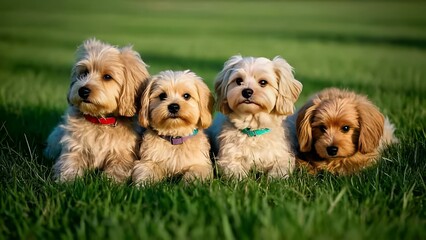 Pawsome Companions A Stunning Close Up of Four Fluffy Puppies Resting in a Vibrant Meadow Bathed in Warm Light and Radiating Pure Cuteness