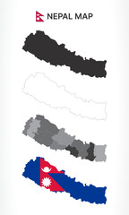 Detailed Nepal Map Collection with Outline, Silhouette, Provinces, and Flag Overlay Variations