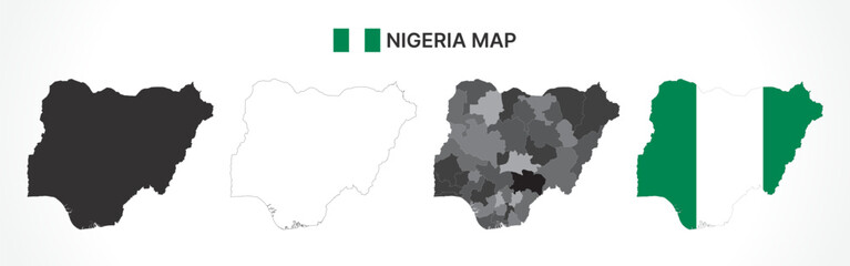 Obraz premium Detailed Nigeria Map Collection with Outline, Silhouette, States, and Flag Overlay Variations