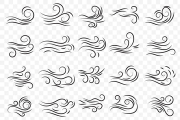 Doodle blowing wind. Hand drawn air wave icon. Outline wind movement symbol isolated on white background. Climate sketch element. Vector decorative dash lines in the shape of a curve. 