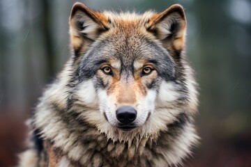 Fototapeta premium Wolf's Gaze: A wolf's intense gaze pierces through the viewer, its sharp, piercing eyes revealing a primal intelligence and wild spirit. The intricate markings on its fur.