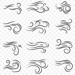 Fototapeta premium Blue air flow wave effect set. Waves showing a stream of clean fresh air. Png isolated and vector design element. Doodle blowing wind. EPS 10.