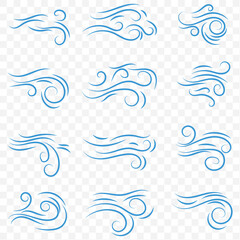 Blue air flow wave effect set. Waves showing a stream of clean fresh air. Png isolated and vector design element. Doodle blowing wind. EPS 10.