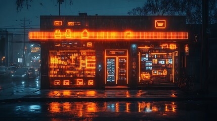 Online retail concept with a high tech storefront and floating delivery symbols