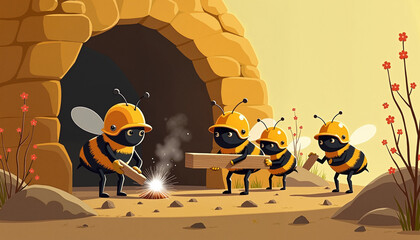 Cartoon bees working together in a cave wearing helmets and using tools in a playful style.