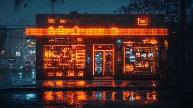 Online retail concept with a high tech storefront and floating delivery symbols